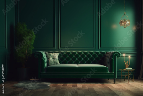 luxury dark green color living room interior furniture, empty wall art poster mockup, Generative AI © Tahsin