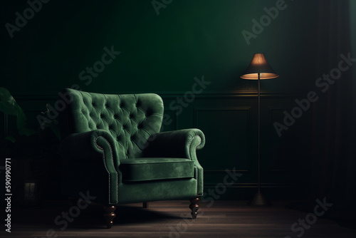 Living room with green armchair on empty dark green wall background, Generative AI