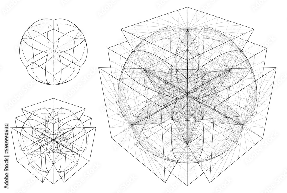 Sphere And Six Pyramids Subtraction Vector. Sphere Subtraction With Pyramids On Six Sides, From The Simple To The Complicated Shape. 