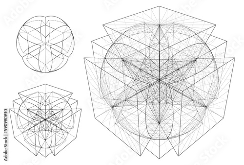Sphere And Six Pyramids Subtraction Vector. Sphere Subtraction With Pyramids On Six Sides, From The Simple To The Complicated Shape. 