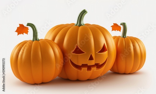 Halloween orange pumpkins with face on a white background - generative AI