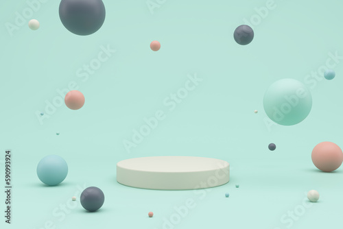 Minimal product podium stage with multicolor cool color balloons in geometric shape for presentation background. Abstract background and decoration scene template. 3D render
