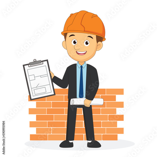 Building or apartment plan on board. Cartoon man engineer or architect with construction project in hands.