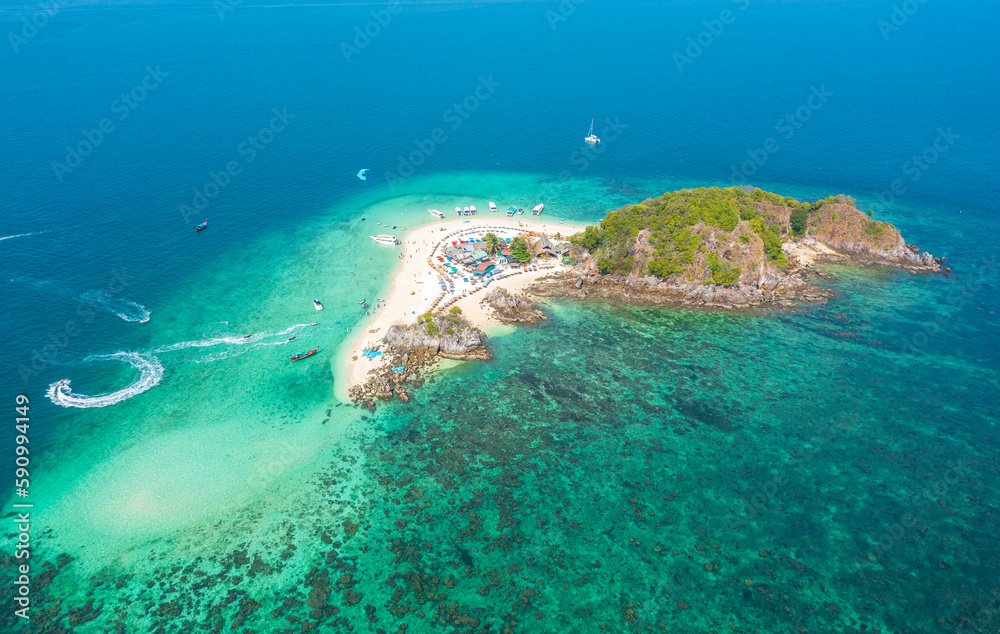 Drone views of the island and turquoise waters. The water is clear and blue-green. Nature in Khai Island. Khai Island Phuket Thailand Travel Concept