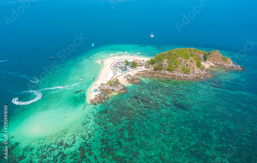 Drone views of the island and turquoise waters. The water is clear and blue-green. Nature in Khai Island. Khai Island Phuket Thailand Travel Concept