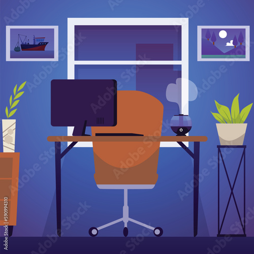Room interior with humidifier on workplace flat style