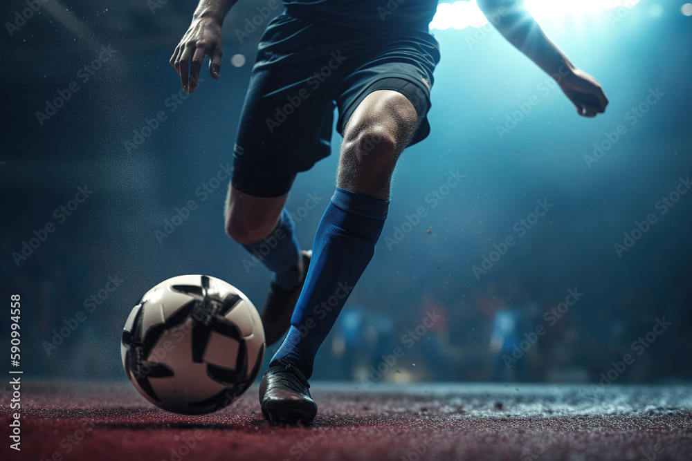Close-up of soccer player kicking ball in stadium at night. Football match, sport competition. Generative AI
