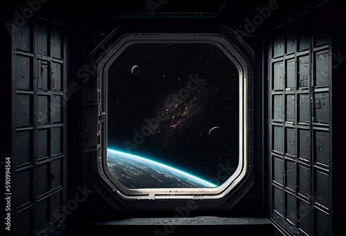 Black background and a window in a space station. Generative AI
