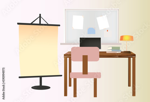 illustration of a office, Desk with lamp, Interior office room 