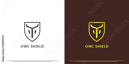 Owl badge logo design illustration. Gold owl line art silhouette badge emblem shield armor protection royal guild clan elegant minimalist luxury. Nocturnal fowl animal creative design symbol icon.