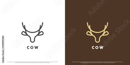 Cow head logo design. Minimalist line art silhouette of a cattle animal. Dairy cow milk rural animal symbol creative idea. Minimalist flat simple farm animal design.