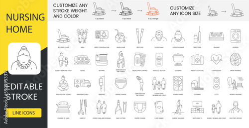 Elderly care in nursing home line icons set in vector, walk and rocking chair, video conversation and wheelchair, crutches and elderly man, house bathing, medication control. Editable stroke.