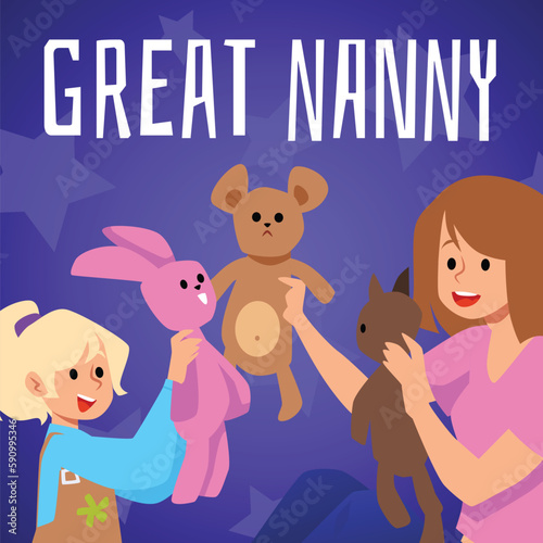 Nanny or babysitter playing with child, flat cartoon vector illustration.