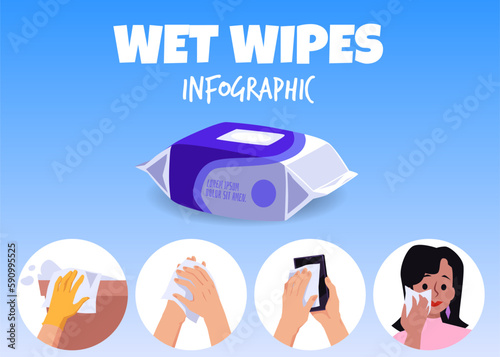 Wet wipes use - infographic flat vector illustration. Package of paper wet tissues.