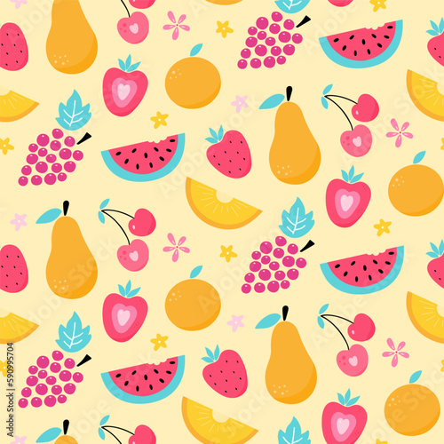 Fototapeta Naklejka Na Ścianę i Meble -  Bright summer pattern with hand drawn fruits