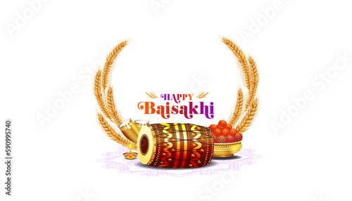 Baisakhi Indian Punjabi sikh festival. Happy Baisakhi text with wheat background.