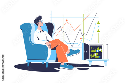 Man calmly watches the graphs of investments