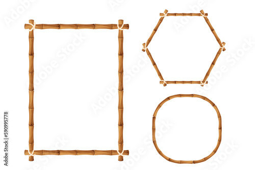 Bamboo border frame with rope in cartoon style, decoration isolated on white background stock vector illustration. Hawaiian, tribal blank from sticks.