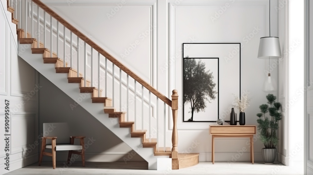 A modern working office style decoration design, with a large wall art frame blank mockup with white background, simple and elegant, luxury style decoration for office workplace, AI generated