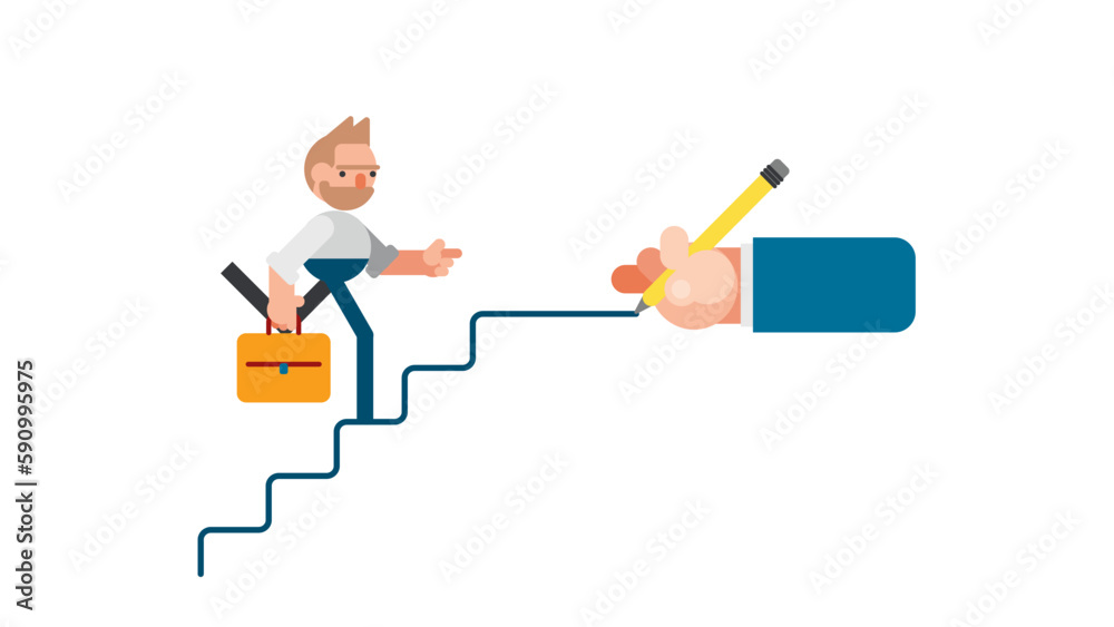 business man walking on stairs written by big hand. helping each other for success business man walking on stairs written by big hand. helping each other for success