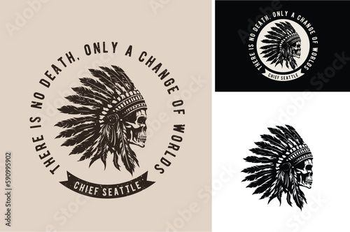 Rustic American Native Skull wearing headdress, Vintage Indian Tribe Chief Silhouette Illustration Badge Label logo design