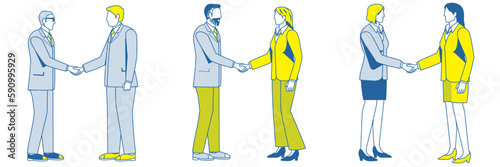 握手をするスーツ姿のシンプルな2色のイラストセット　スーツ姿の男性と女性　ビジネスイメージ商談