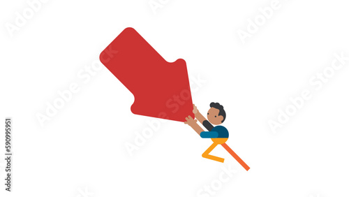 Man pushing falling down arrow with full effort. Survive investment crash, crisis or recession, pushing back or effort to win business challenge, economic recession.
