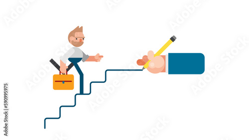 business man walking on stairs written by big hand. helping each other for success