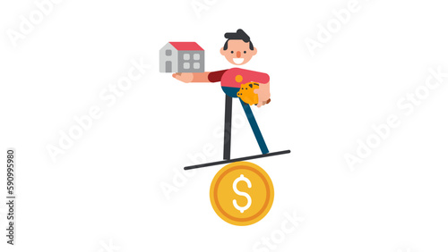 Home loan Interest rates or the balance between income and debt or loans. Businessman holding a house and a piggy bank standing on a seesaw.