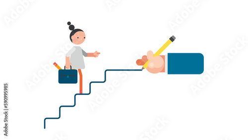business woman walking on stairs written by big hand. helping each other for success
