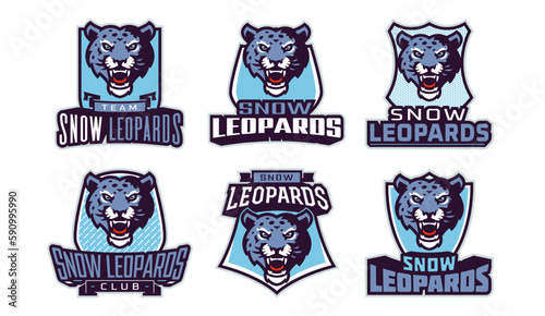 Set of sports logos with snow leopard mascots. Colorful collection sports emblem mascot and bold font on shield background. Logo for esport team, athletic club. Isolated vector illustration