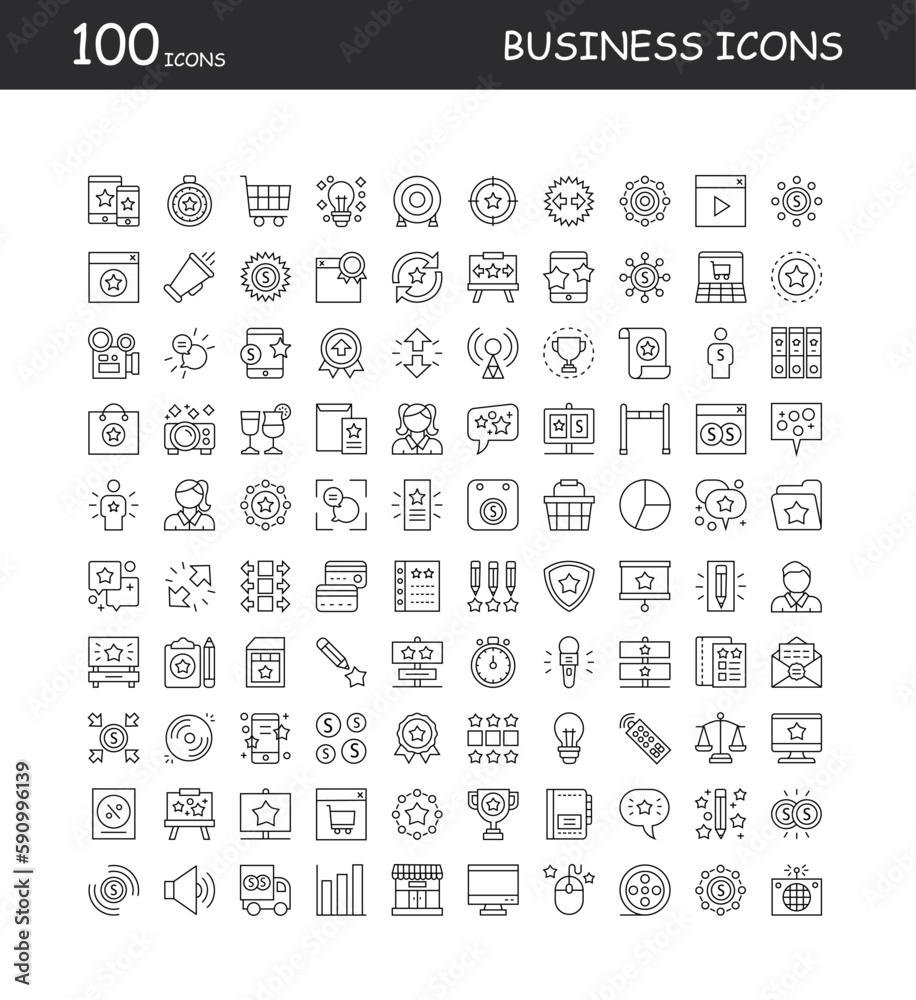 100 Strocked Business Icons with Ai file.