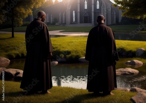 Two monks stand in front of a church with a stained glass window behind them