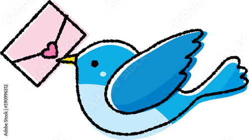 手紙をくわえて飛ぶ青い鳥