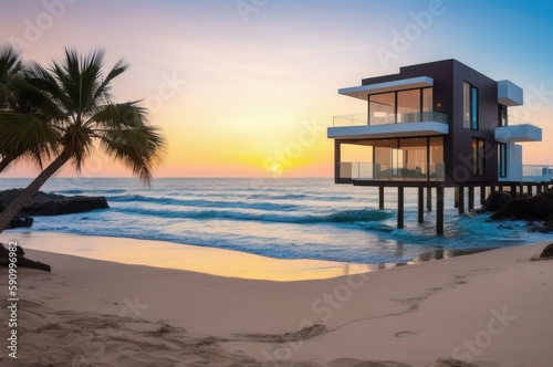 A house on the beach with the sunset in the background  © Felipe Negoxy