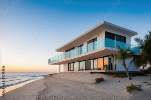A house on the beach with the sunset in the background 