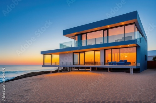 A house on the beach with the sunset in the background 