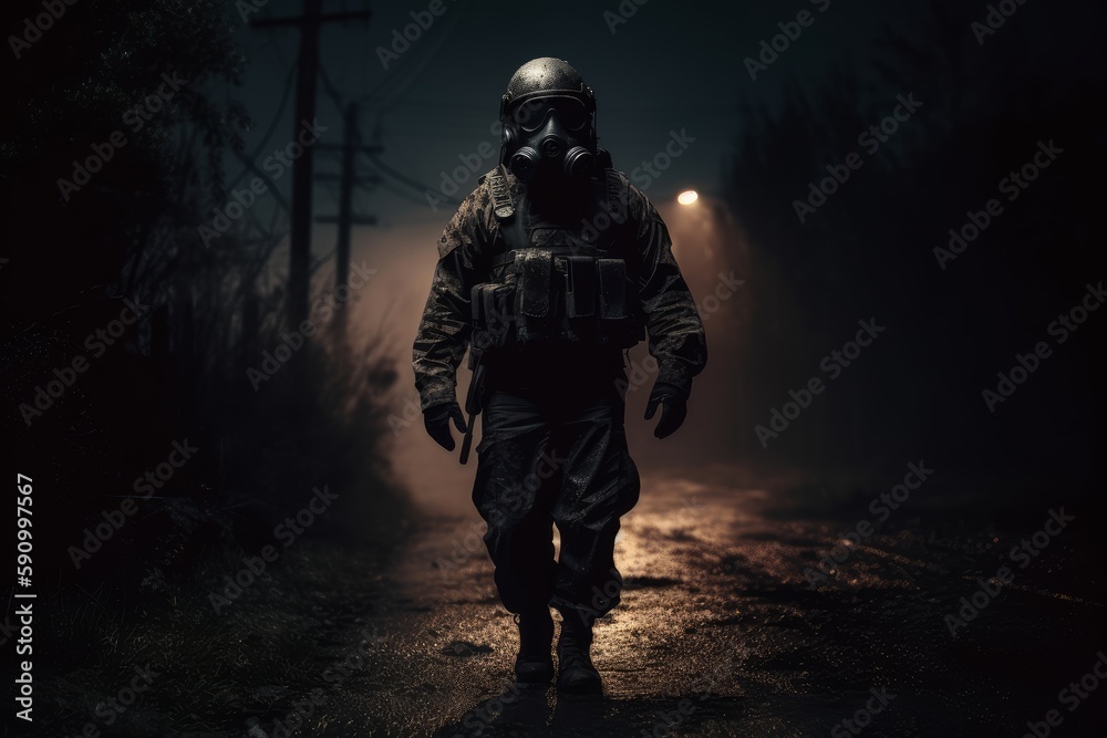 A terrifying soldier walking toward the camera, dark theme, ai generative illustration