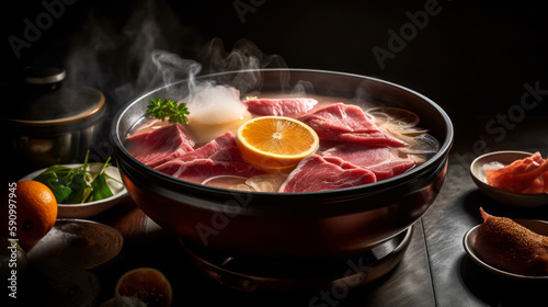 Savor the Savory Flavors of Traditional Shabu-Shabu, food photography. Generative AI