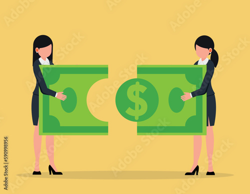 Jigsaw banknotes and Connection, Partnership or teamwork. Two business women connecting Jigsaw banknotes