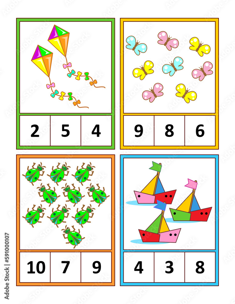 Cards, or worksheet, to learn and practice counting 1 to 10. Count objects. Circle the correct answer. Language independent.
