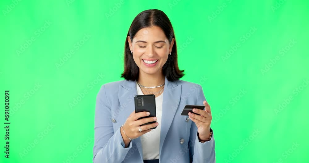 Business woman, phone and credit card on green screen for online shopping, ecommerce or purchase against a studio background. Happy female on smartphone for transaction, banking or finance on mockup Business woman, phone and credit card on green screen for online shopping, ecommerce or purchase against a studio background. Happy female on smartphone for transaction, banking or finance on mockup