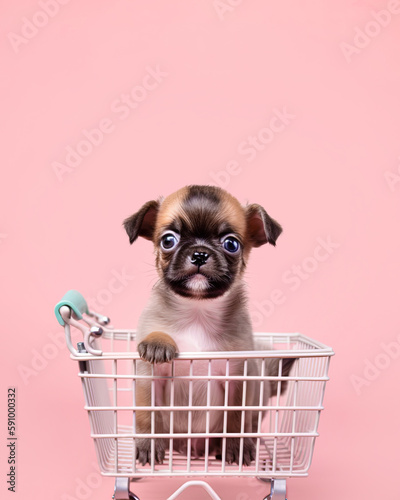 A little cute puppy dog ​​in a shopping cart, don't buy a dog, adopt a stray dog ​​from the street. Animal creative concept on pastel background. Illustration, Generative AI.