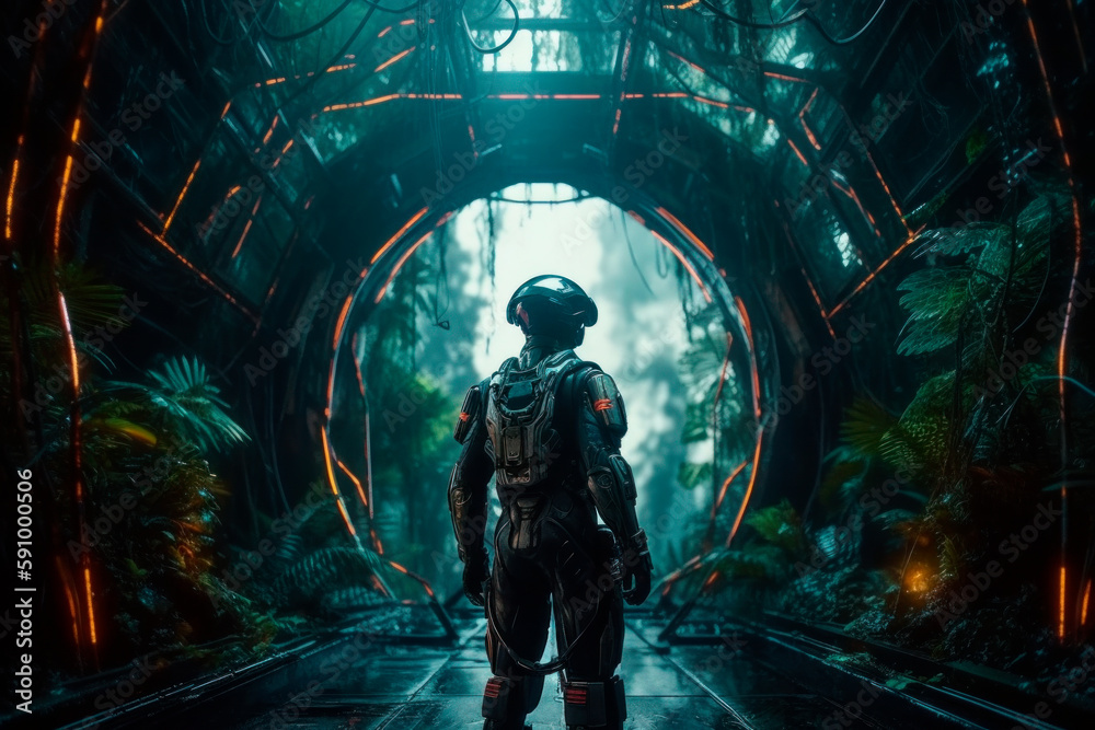 A SCIFI soldier in a spacesuit gazing at a green planet through a crashed spaceship. Generative AI