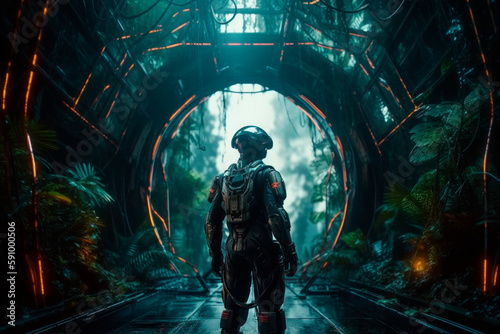 A SCIFI soldier in a spacesuit gazing at a green planet through a crashed spaceship. Generative AI