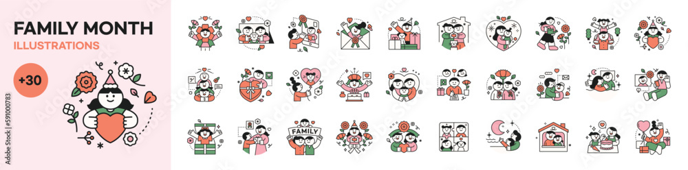 family month. People who appreciate their parents and love their children. Happy family logo icons mega set vector illustration.