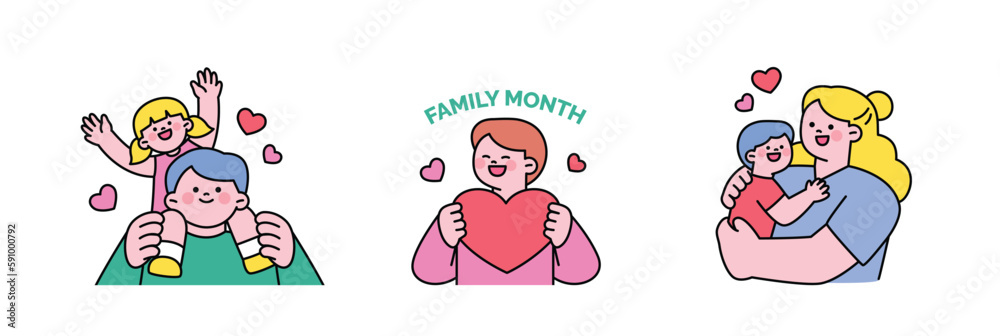 family month. People who appreciate their parents and love their children. Dad carrying his daughter on his shoulders. Person holding a heart. Mom embracing her son.