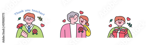 family month. People who appreciate their parents and love their children. Dad holding a carnation. Grandmother and granddaughter wearing carnation badges. A boy with a gift box.
