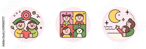 family month. People who appreciate their parents and love their children. Carnation and parents icons, family members, father and child looking at the moon.