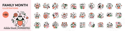 family month. People who appreciate their parents and love their children. Happy family logo icons mega set vector illustration.